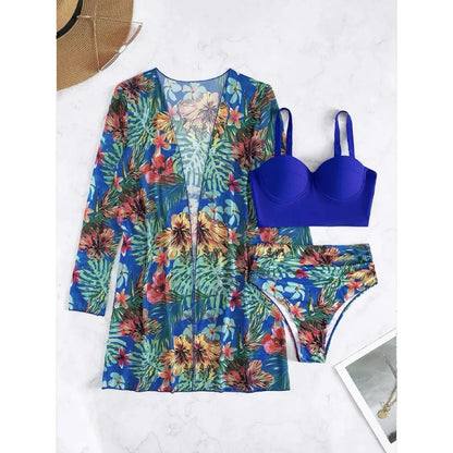 Three Pieces Bikini Set Cover Up Women 2023 New Push Up Twist Swimsuit Print Long Sleeve Swimwear Biquini Bathing Suit Summer