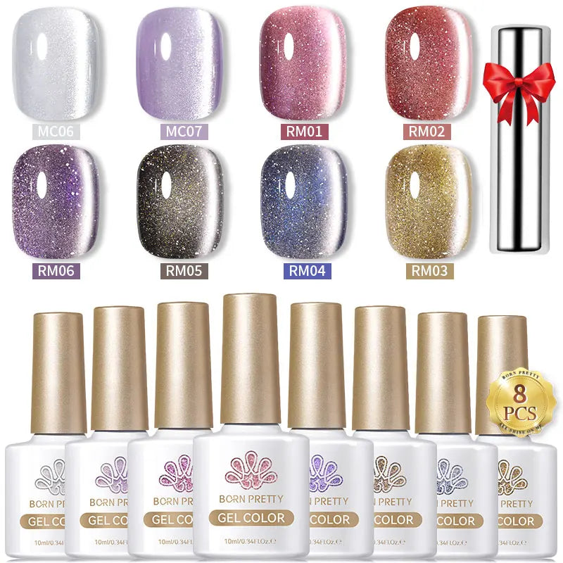 BORN PRETTY 8Pcs Glitter Cat Magnetic Nail Gel Polish Set Moonlight Transparent Summer Semi Permanent UV Gel Soak Off Nail Gel