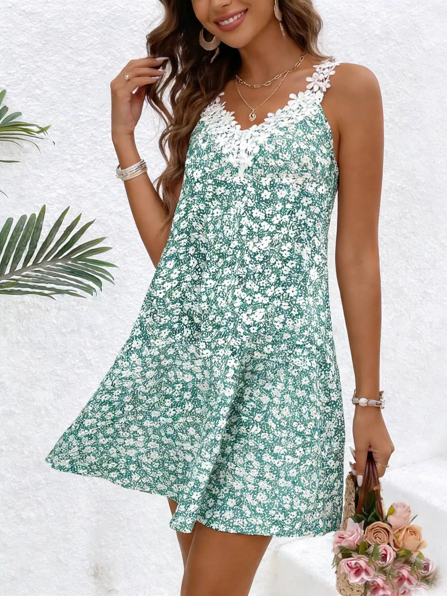 Women Dress Floral Lace Trim Spaghetti Strap A Line Mini Dress Boho Spring Summer Romantic Beach Vacation Flowy Comfy Outfit