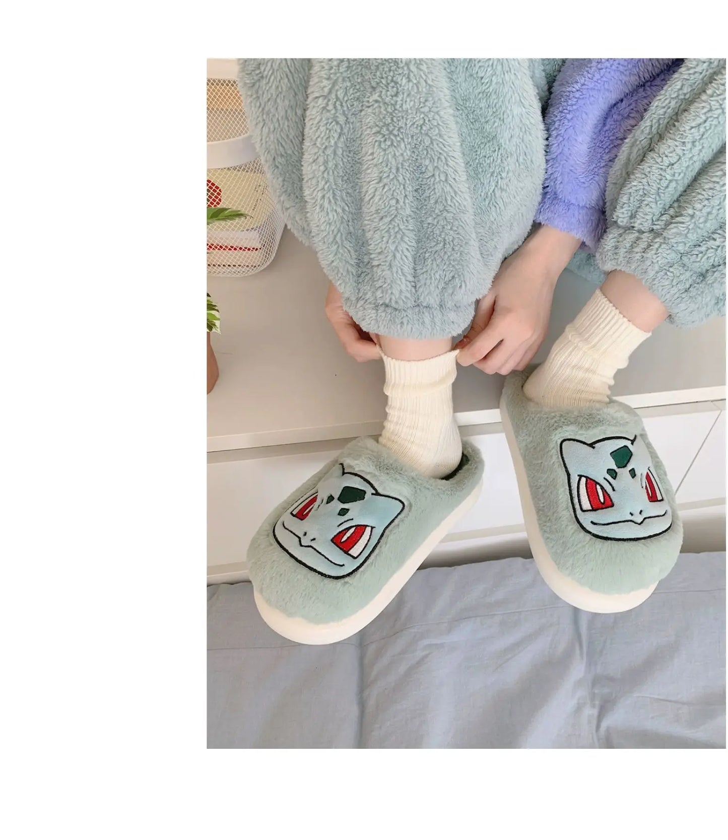 Pokémon Genuine Bulbasaur Indoor Fall and Winter Plus Velvet Warm Soft-soled Comfortable Cotton Slippers for Men and Women