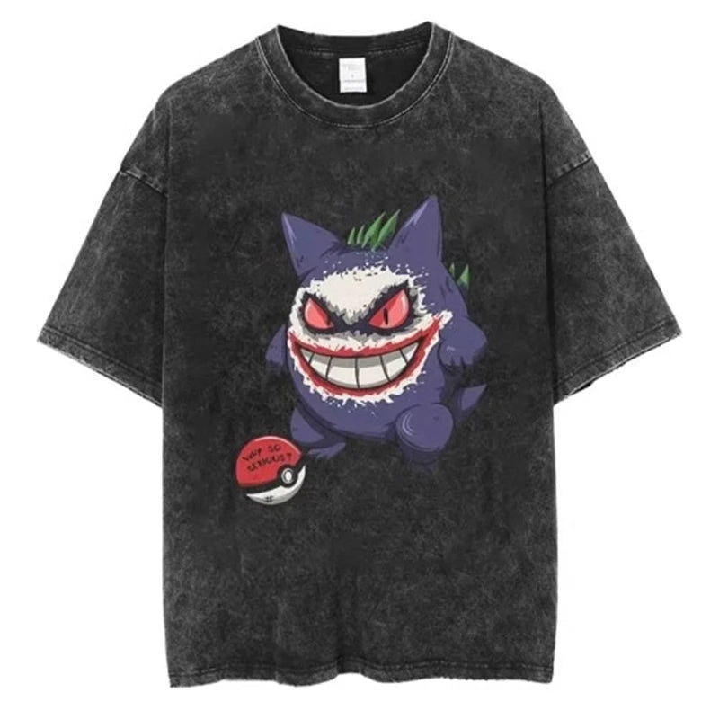 Pokemon Anime Retro Washed T-shirt Cotton Men's and Women's Summer New Item Plus Size T-shirt Y2K Loose Casual Short Sleeved Top