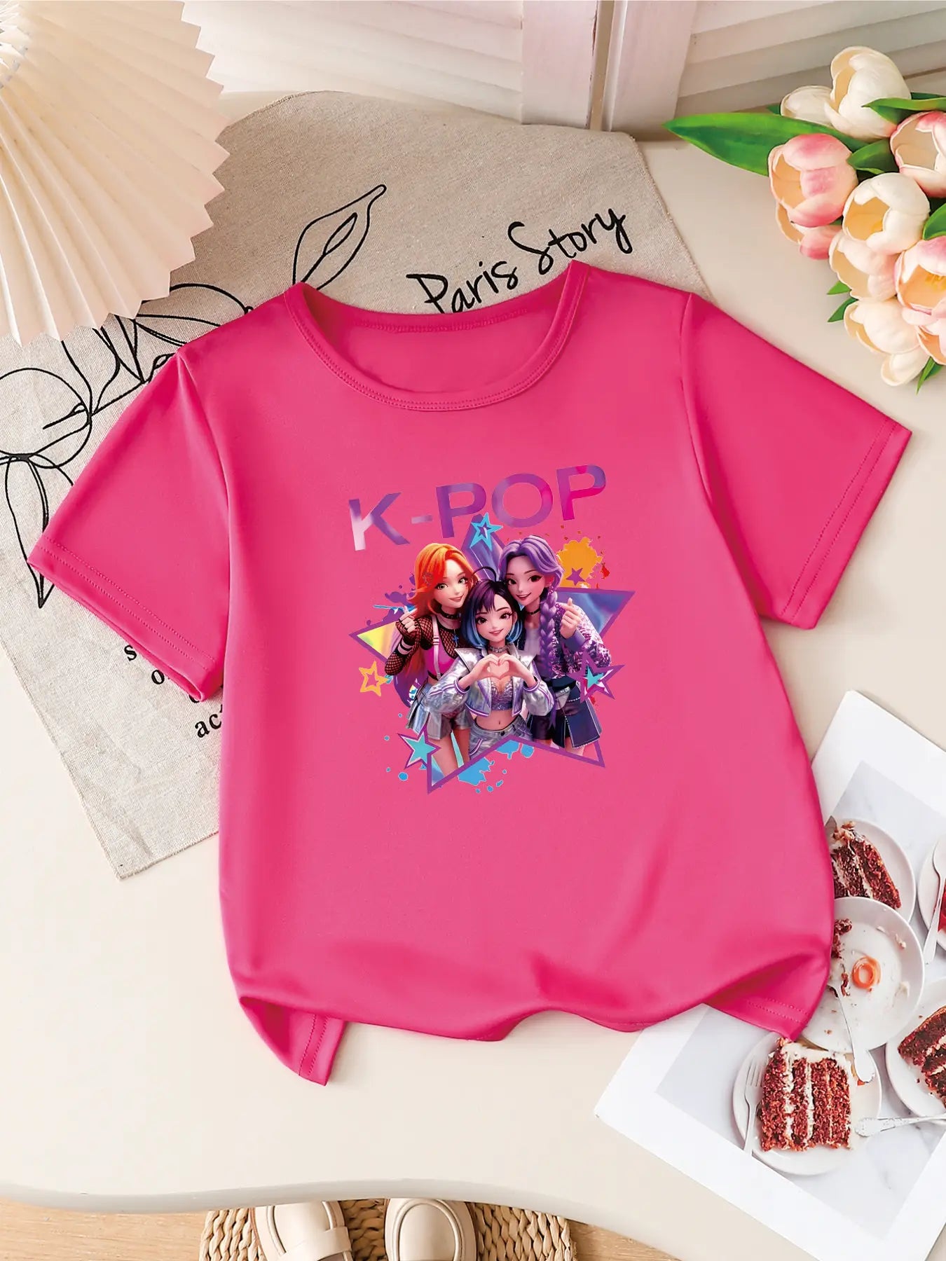 Girls K-POP Idol Group Print Short Sleeve T-Shirt Cute Cartoon Graphic Tee Kids Summer Casual Top