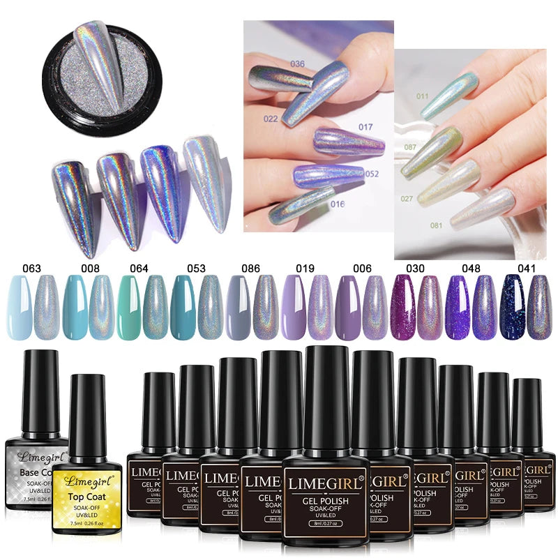 LIMEGIRL 10 Colors Nail Gel Set UV Soak Gel Base Coat Gel with Laser Powder Nail Art DIY Semi-Permanent Gel Varnish Kit