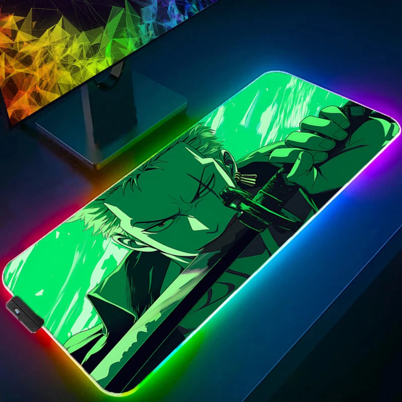 ONE PIECE Zoro RGB Mouse Pad Anime Carpe Large PC Gamer Computer LED Mausepad Keyboard Gaming Accessories Backlight Desk Mat XXL