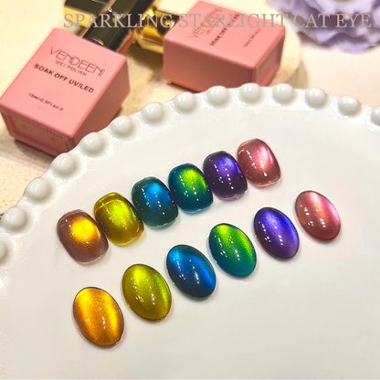 Vendeeni 6 Colors Crystal Cat Eye Gel Nail Polish Set Semi Permanent Sparkling Magnetic UV LED Soak Off Gel Varnish With Display