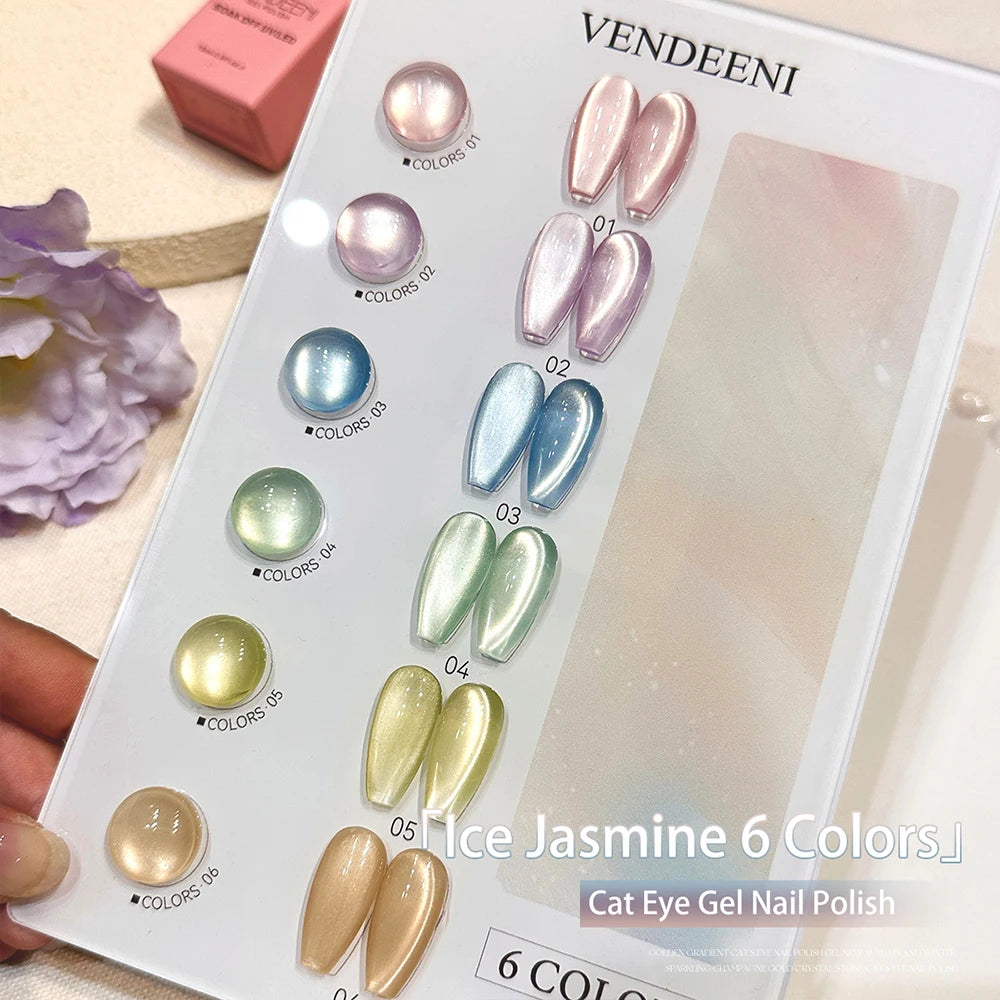 Vendeeni 6 Colors Crystal Cat Eye Gel Nail Polish Set Semi Permanent Sparkling Magnetic UV LED Soak Off Gel Varnish With Display