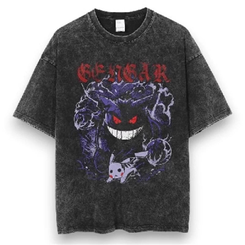 Pokemon Anime Retro Washed T-shirt Cotton Men's and Women's Summer New Item Plus Size T-shirt Y2K Loose Casual Short Sleeved Top