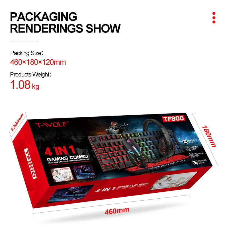 T-WOLF 4-in-1 Ultimate Gaming Combo: RGB Keyboard, Mouse, Headset & Pad