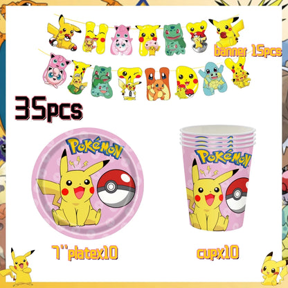 Pink Pokemon Birthday Party Decoration Disposable Tableware Set Pikachu Tablecloth Cup Plate Baby Shower Kids Diy Party Supplies