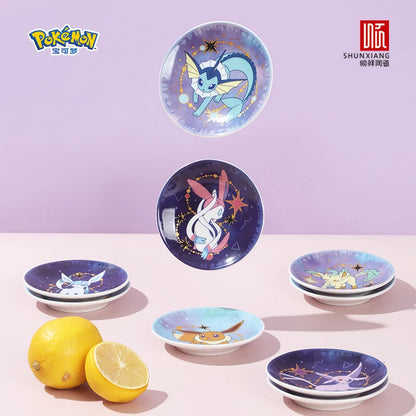 SHUNXIANG Pokémon Licensed Eevee Series Ceramic Plate Set Starry Sky Gift Box 9Pcs Dish Anime Themed Porcelain Tableware Gift