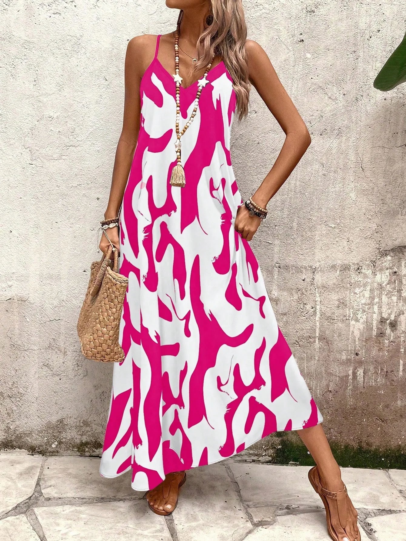 Summer 2026 Women's Fashion Slim Fit Floral Print V-Neck Loose Holiday Style Dress Knitted Fabric A- Line Skirt Casual Wear