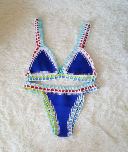 Bikini Crochet 2025 Handmade Knit Patchwork Reversible 2 Piece Swimsuit Women Halter Top Brazilian Bathing Suit Thong Swimwear