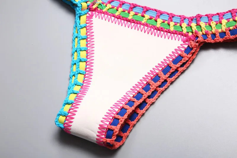 Bikini Crochet 2025 Handmade Knit Patchwork Reversible 2 Piece Swimsuit Women Halter Top Brazilian Bathing Suit Thong Swimwear