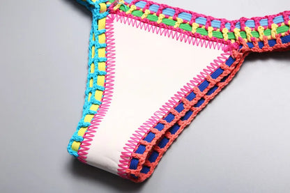 Bikini Crochet 2025 Handmade Knit Patchwork Reversible 2 Piece Swimsuit Women Halter Top Brazilian Bathing Suit Thong Swimwear