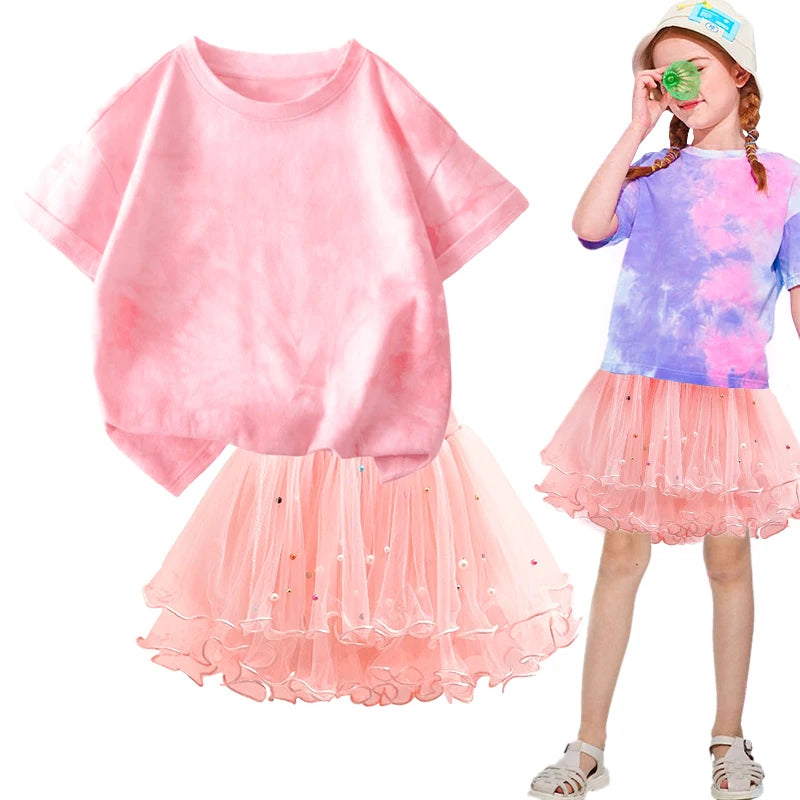 Girls' K-Pop HUNTRX Princess Set: Tie-Dye Graphic Tee & Pearl Tutu Skirt 2-Piece Outfit