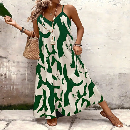 Summer 2026 Women's Fashion Slim Fit Floral Print V-Neck Loose Holiday Style Dress Knitted Fabric A- Line Skirt Casual Wear