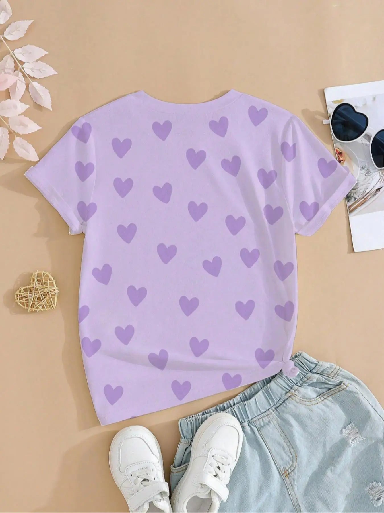 Girls' Nova Beat "Heart Pattern" Graphic Tee: Purple Chibi Idol Summer T-Shirt