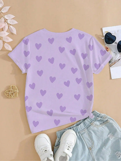 Girls' Nova Beat "Heart Pattern" Graphic Tee: Purple Chibi Idol Summer T-Shirt