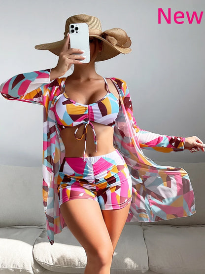 Three Pieces Bikini Set Cover Up Women 2023 New Push Up Twist Swimsuit Print Long Sleeve Swimwear Biquini Bathing Suit Summer