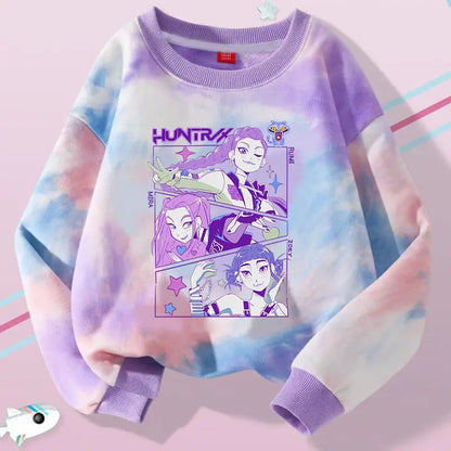 K-Pop Hunters Zoey Mira Rumi Tie-dyed Sweatshirt for Girl Pullover Crew Neck Child Sportwear Long Sleeve Cartoon Kids Tops