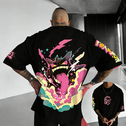 New Pokemon Cotton T Shirt with Gengar Back Print Pink Lightning Blue Smoke and Star Effects Loose Fit Men Women Casual