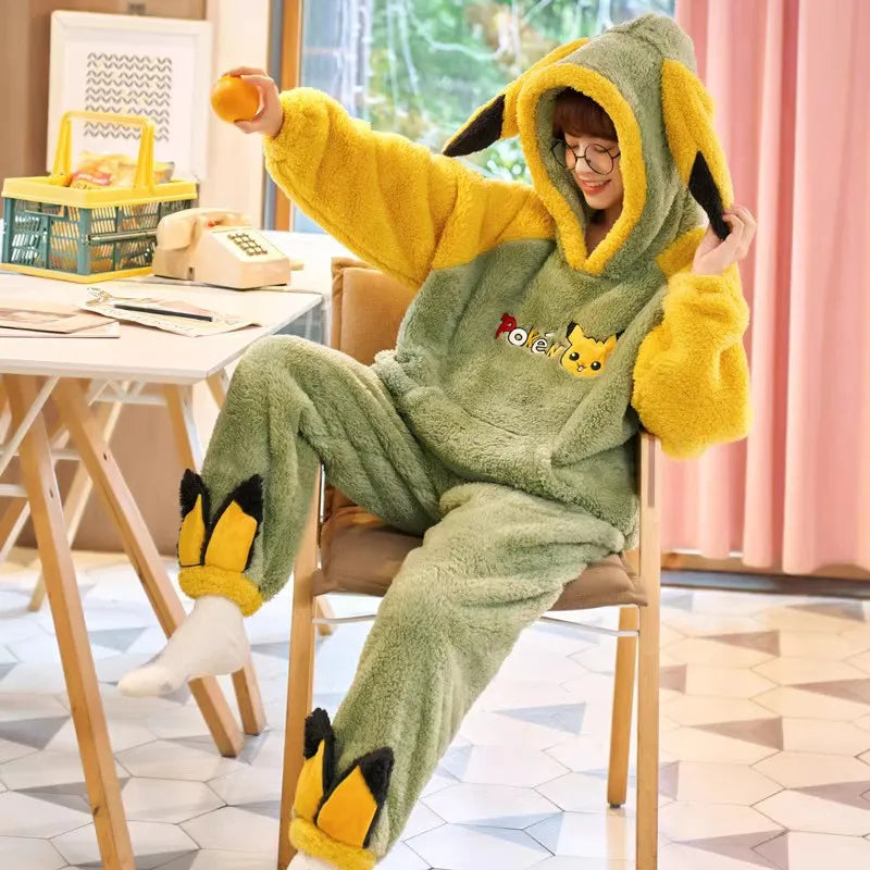 Pokemon Anime Pikachu Pajamas Hooded Women Cartoon Thickened Winter Plush Kawaii Nightgown Suit Two Home Clothing Christmas Gift