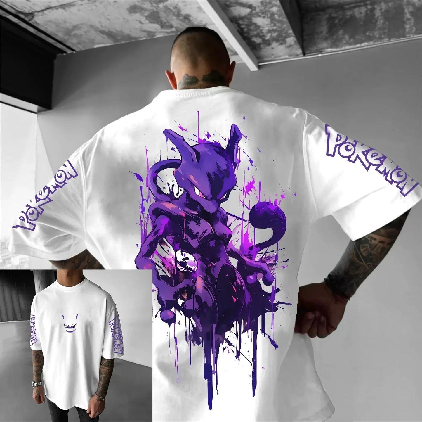 Pokémon Animation Derivatives Gengar Printing T-shirt Men's and Women's Summer Oversize Loose Cotton Street Trend Brand Top