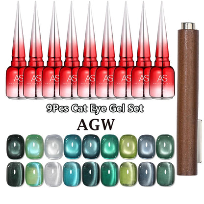 AS 9pcs Cat Eye Magnetic Moonlight Gel Nail Polish Set 15ml Sparkle White Silver Water Light Red UV Gel Nail Art Manicure Vernis