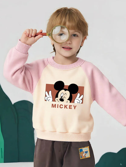 Spring Autumn Children O Neck Hoodies Sets Baby Girls Casual Sweatshirts Kids Spliced Long Sleeved Pullover Mickey Printed