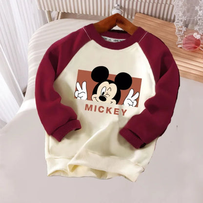 Spring Autumn Children O Neck Hoodies Sets Baby Girls Casual Sweatshirts Kids Spliced Long Sleeved Pullover Mickey Printed