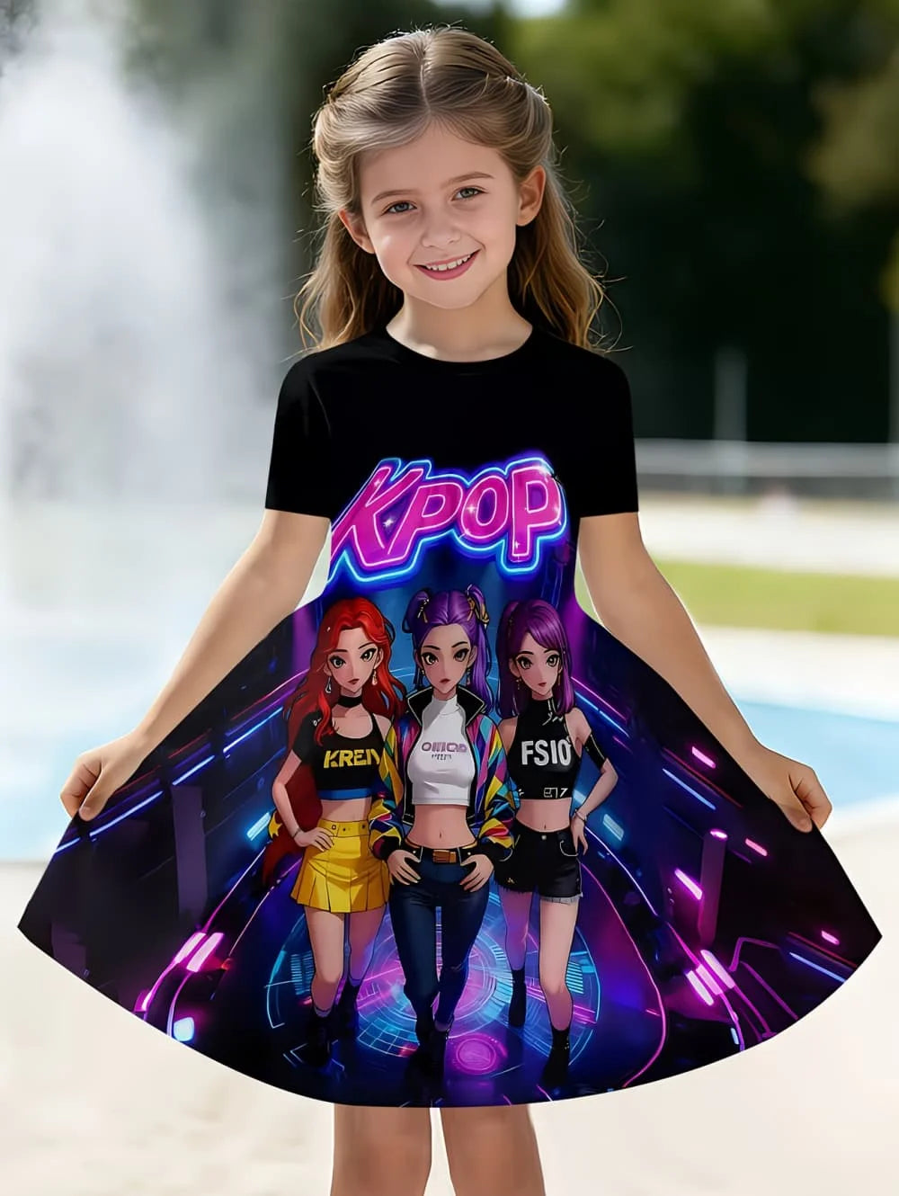 Girls' K-Pop "Anime Star" Summer Dress: Harajuku Style Short Sleeve A-Line Gown