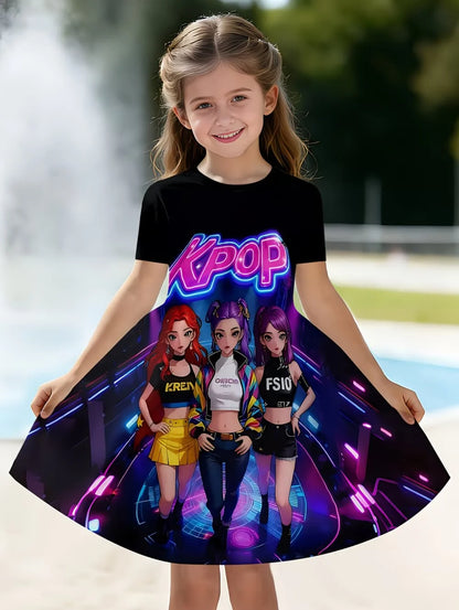 Girls' K-Pop "Anime Star" Summer Dress: Harajuku Style Short Sleeve A-Line Gown