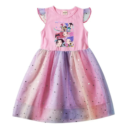 Girls' K-Pop Hunters "Chibi Rainbow" Princess Dress: Flying Sleeve Tutu with Star Sequins