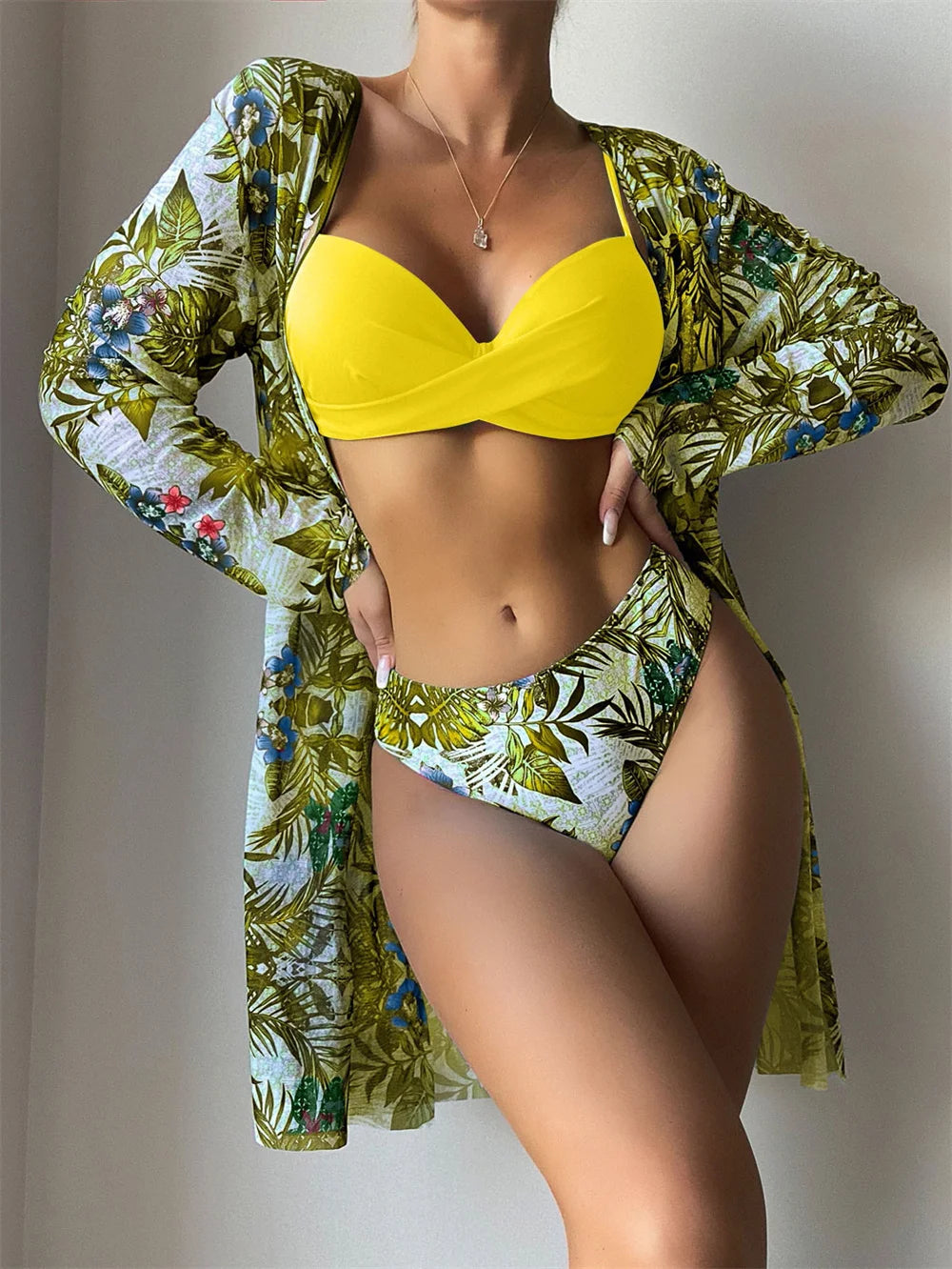 Three Pieces Bikini Set Cover Up Women 2023 New Push Up Twist Swimsuit Print Long Sleeve Swimwear Biquini Bathing Suit Summer