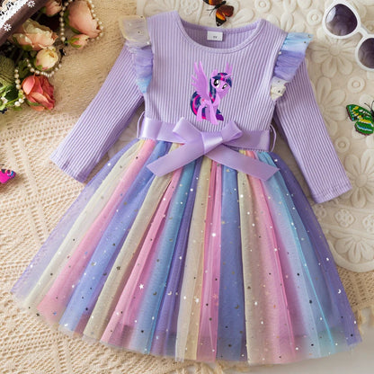 My Little Ponys Colorful Princess Dress for Kids Girls Casual Long Sleeve Sequin Mesh Dresses Party Gift 1-5Y