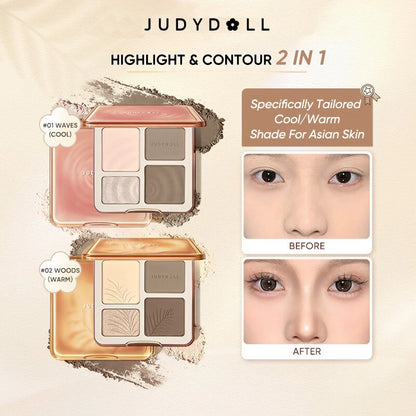 Judydoll Contour Palette, 2 In 1 Face Highlight Contour Palette, Shades with Highlighter Makeup, Non-greasy, Lasting Sparkling