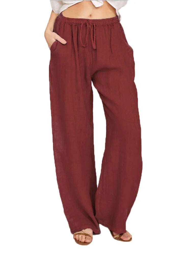 Loose Linen-Blend Wide Leg Casual Pants: Breathable Drawstring Summer Trousers