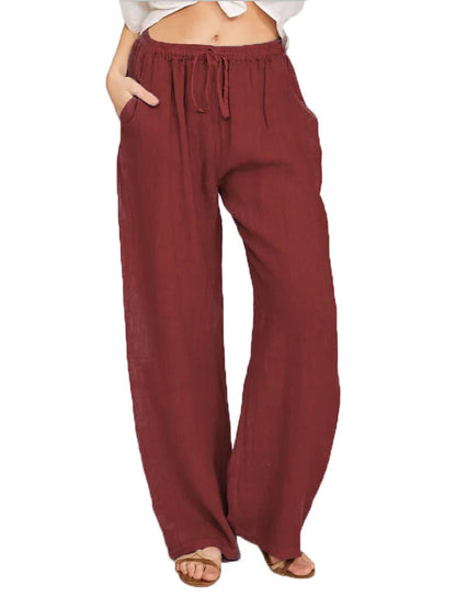 Loose Linen-Blend Wide Leg Casual Pants: Breathable Drawstring Summer Trousers