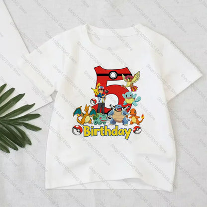 Pokémon Anime Printed T-Shirt Boys Girls Birthday Number 1-10 Clothes Fashion Figure Short-sleeved Kids Summer Birthday Gift