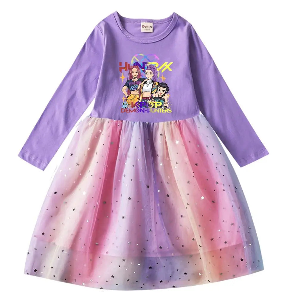Girls' K-Pop Demon Hunters "Star Sparkle" Long Sleeve Tutu Dress: Rainbow Tulle Princess Gown