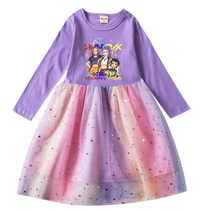 Girls' K-Pop Demon Hunters "Star Sparkle" Long Sleeve Tutu Dress: Rainbow Tulle Princess Gown