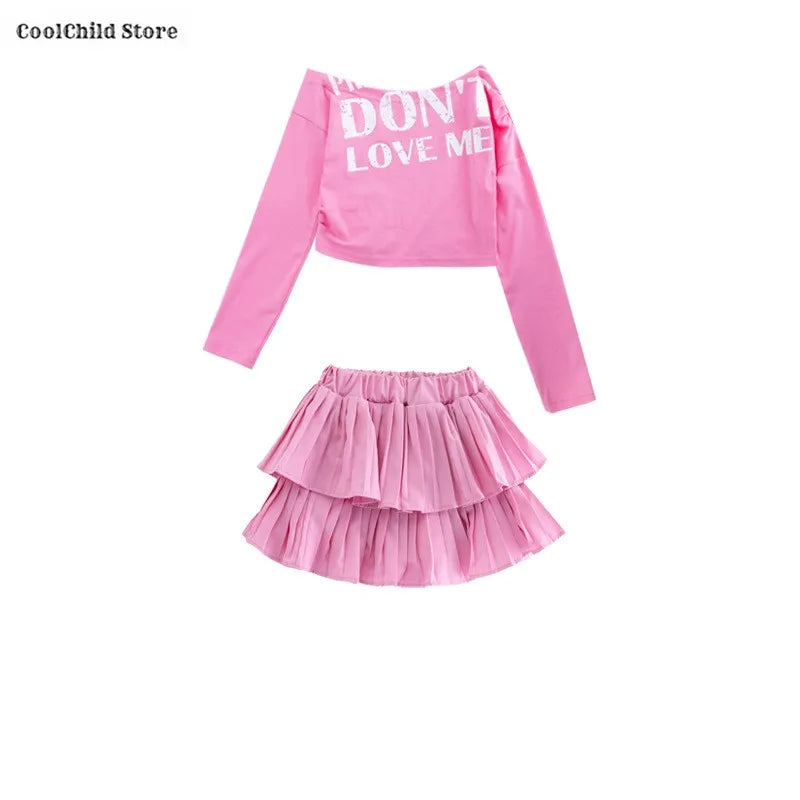 Girls Hip Hop Off Shoulder Crop Top ‌Street Dance Skirts Cargo Pants Children Streetwear Jeans Kids K-pop Girl Group Clothes Set