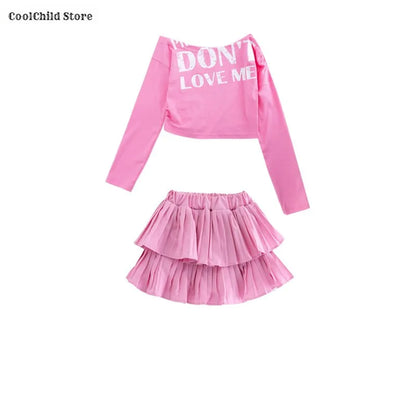 Girls Hip Hop Off Shoulder Crop Top ‌Street Dance Skirts Cargo Pants Children Streetwear Jeans Kids K-pop Girl Group Clothes Set