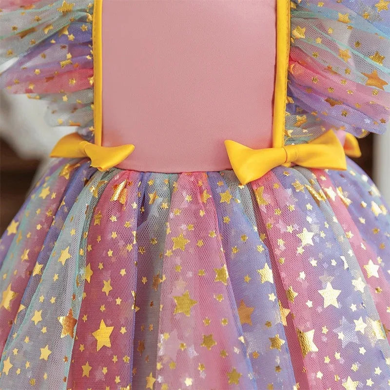 Girls' K-Pop "Starry Gala" Tutu Dress: Rainbow Tulle Gown with Gold Sequins & Ruffle Sleeves