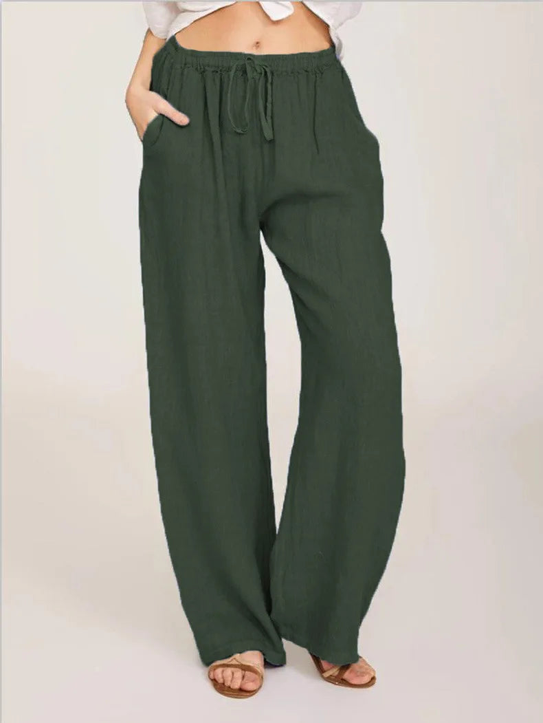 Loose Linen-Blend Wide Leg Casual Pants: Breathable Drawstring Summer Trousers