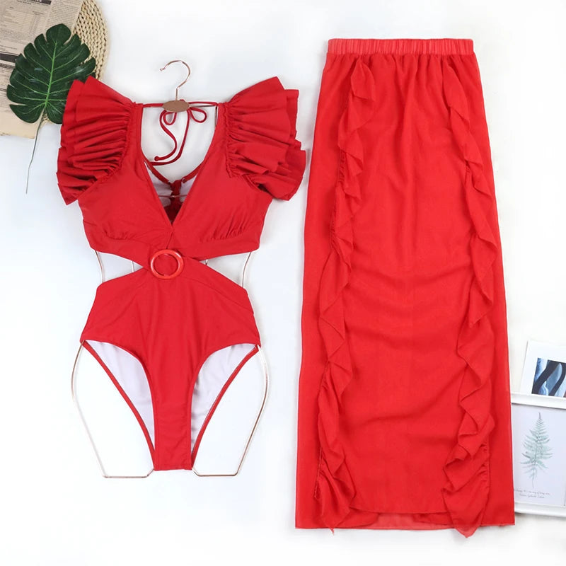 2024 Sexy Women's Swimsuit with Skirt One-Piece Swimwear Vintage Ruffle V Neck Cover Up Bikinis Set Beachwear Bathing Suit