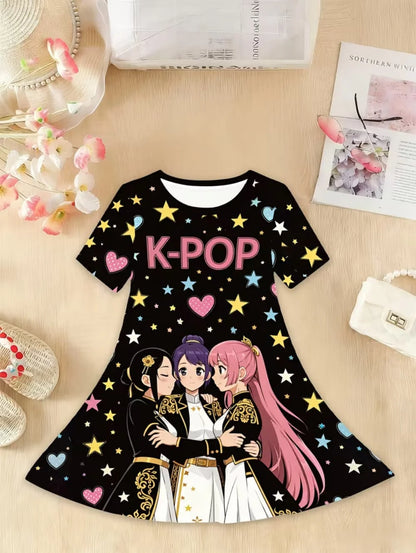 Girls' K-Pop "Anime Star" Summer Dress: Harajuku Style Short Sleeve A-Line Gown