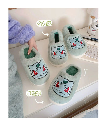 Pokémon Genuine Bulbasaur Indoor Fall and Winter Plus Velvet Warm Soft-soled Comfortable Cotton Slippers for Men and Women