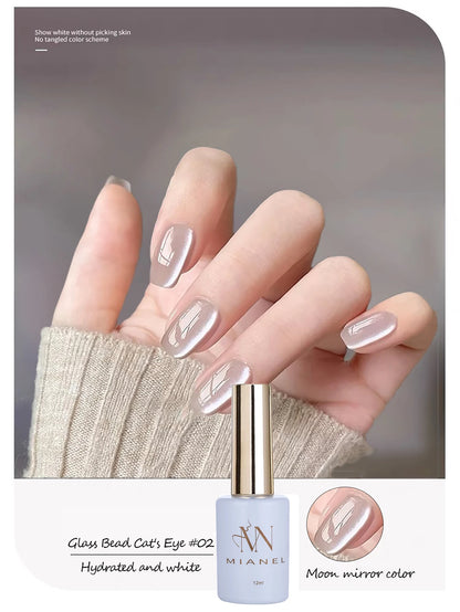 MIANEL 12ML Glass Bead Cat Eye Gel Nail Polish Flash White Spar Nude Color Magnetic Nail Polish White Nails Summer Nails 1-12pcs