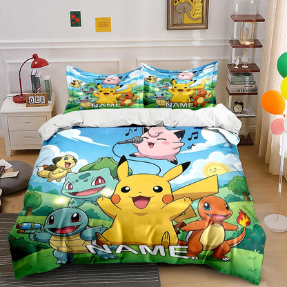 3PC Custom Name Pokemon Cartoon Print Bedding Set Duvet Cover 1 Duvet Cover 2 Pillowcases Adult and Children Bedding Set Luxury